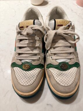 Gucci Cream, Green & Gold GG Low-Top Leather Sneakers
